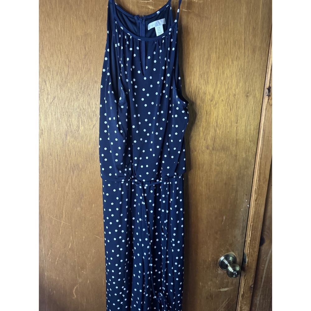London Times Navy Blue Polka Dot Wide Leg Jumpsuit Size 16 Halter Neck Blouson